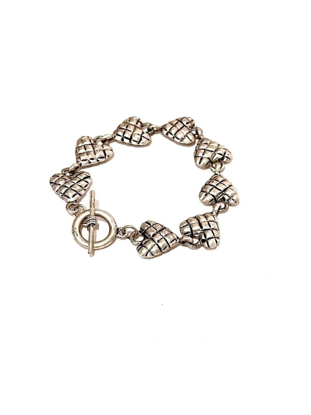 ANTIQUE Engraved Matte Silver Puffed Heart Toggle Bracelet​